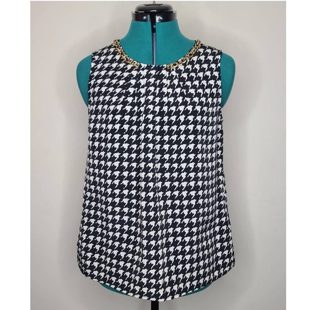 Covington black white houndstooth blouse with gold necklace neckline - small